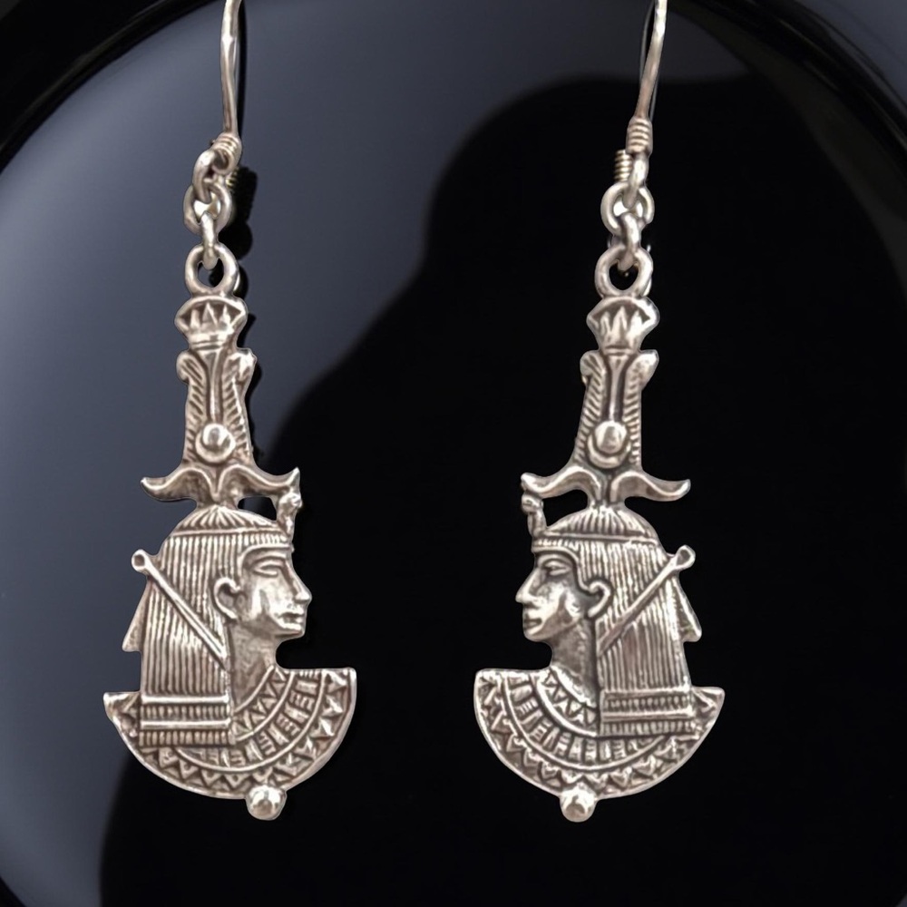 Vintage Sterling Silver Egyptian Revival Hathor Goddess Drop Earrings 925
